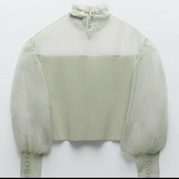 🆕ZARA | Organza Knit Top Sea Foam Green Ruffle Sheer Sweater Top Size Large - Picture 9 of 16